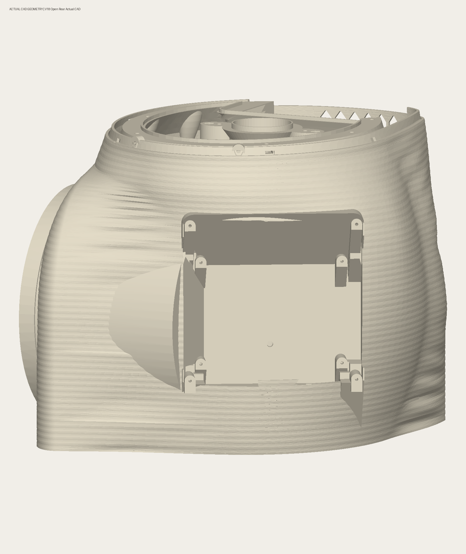 Actual rear enclosure CAD with the electronics cover removed, showing mounting points and access